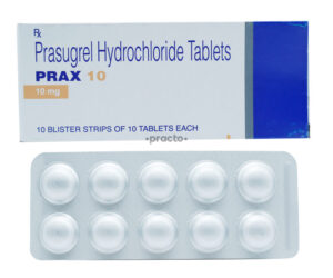 Prasugrel 10mg heart attack prevention medicine for blood clot, stroke and heart attack risk reduction.